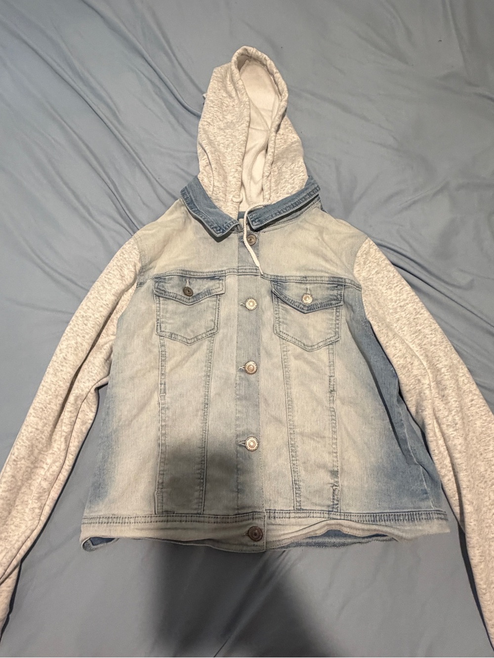 Wallflower Light Wash Denim Jacket with Heather Gray Hoodie Sleeves and Hood